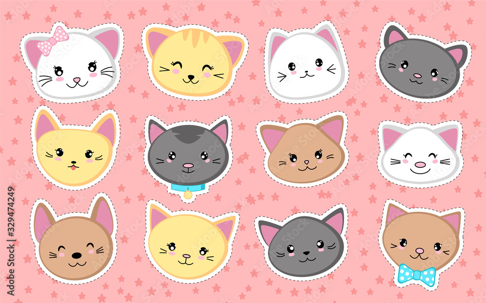Set of cute cat heads. Collection of kawaii stickers. Vector illustration. Set of cute cat heads. Collection of kawaii stickers. Vector illustration.