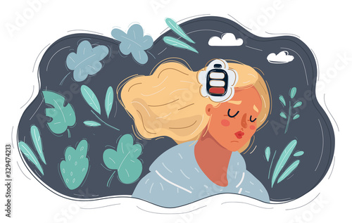 Woman with battery in her head on dark background.