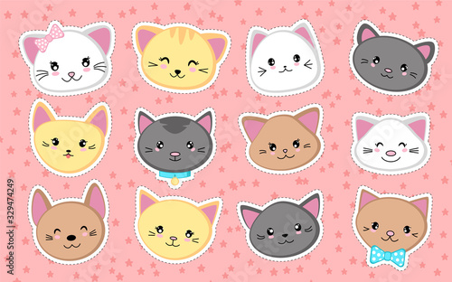 Set of cute cat heads. Collection of kawaii stickers. Vector illustration.