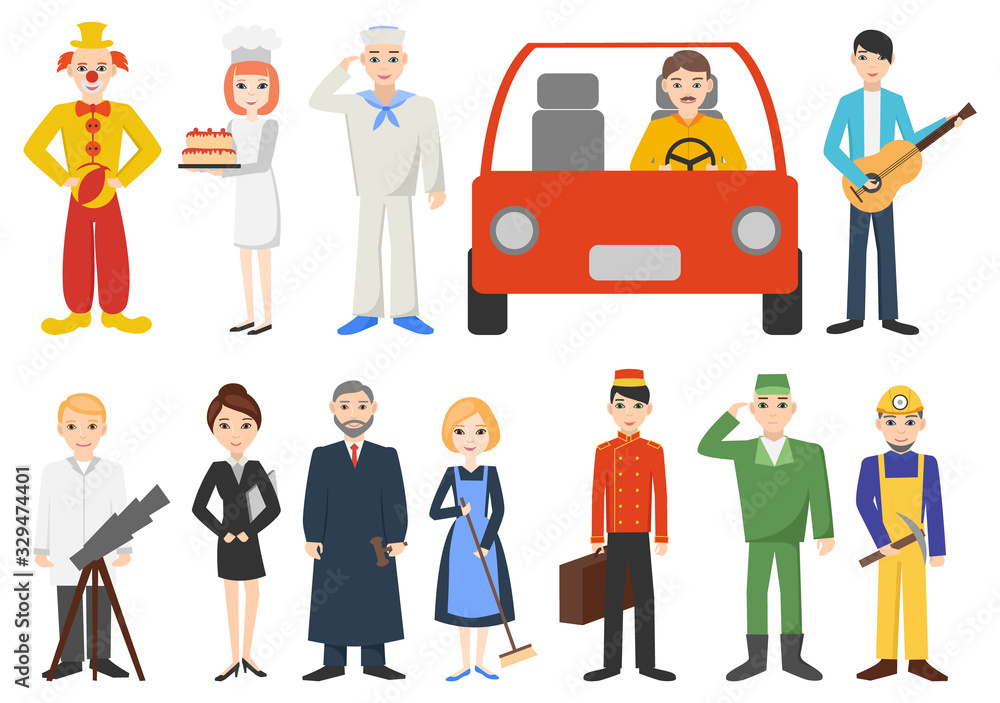 Set of people from different professions. Characters isolated on a white background. Flat design. Vector illustration. Set of people from different professions. Characters isolated on a white background. Flat design. Vector illustration.