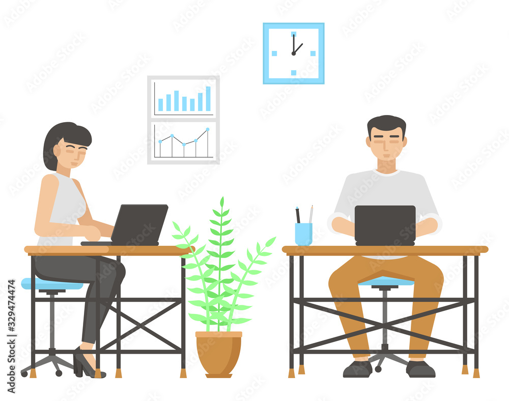 Workflow in the office. Loft style interior. A man and a woman at their desks. Flat design. Vector illustration Workflow in the office. Loft style interior. A man and a woman at their desks. Flat design. Vector illustration