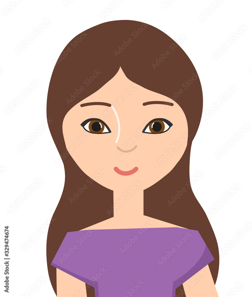 Avatar, portrait of a brunette girl. Isolated woman on a white background. Vector illustration. Avatar, portrait of a brunette girl. Isolated woman on a white background. Vector illustration.