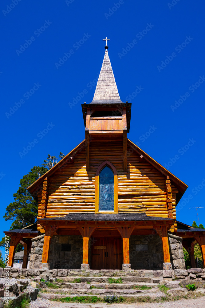 Bariloche, Argentina. February 8, 2020. San Eduardo church. A log and stone church near Llao Llao Hotel
