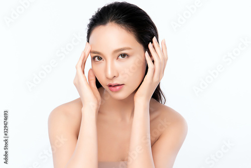 Beautiful Young Asian Woman with Clean Fresh Skin. Face care, Facial treatment, Cosmetology, beauty and healthy skin and cosmetic concept .woman beauty skin isolated on white background