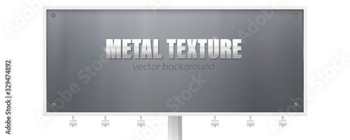 Billboard with metal plate bolted screws. Placard for ads with metal texture. Metallic sign with text. Vector 3d illustration