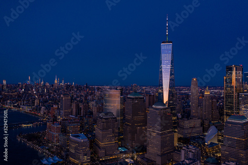 Aerial view of New York city Manhattan skyline cityscape at dusk from New Jersey.