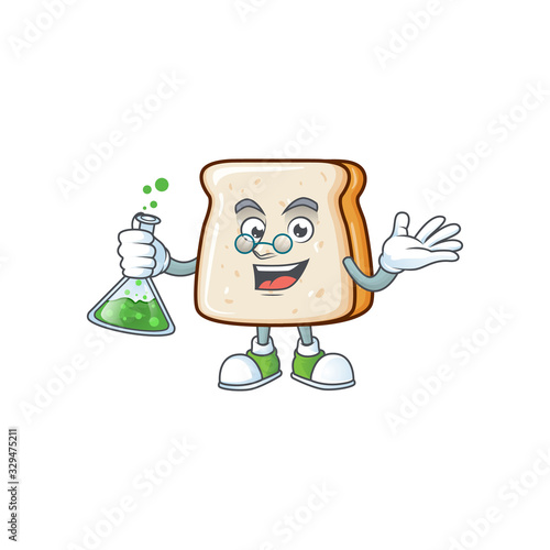 Slice of bread brainy Professor Cartoon design grasp a glass tube
