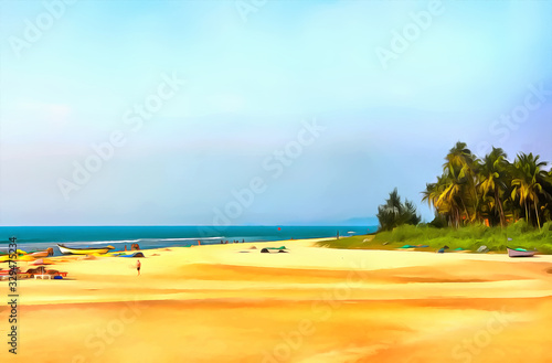 Watercolor seascape. Digital painting - illustration. The shore of the bay. Sea beach, palm trees and bright sand. Watercolor drawing.