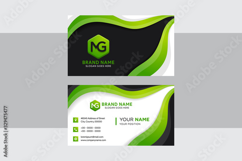 Modern Green and elegant business card template with black and white background. green gradient with wavy style as element design. horizontal or landscape layout of identity card.