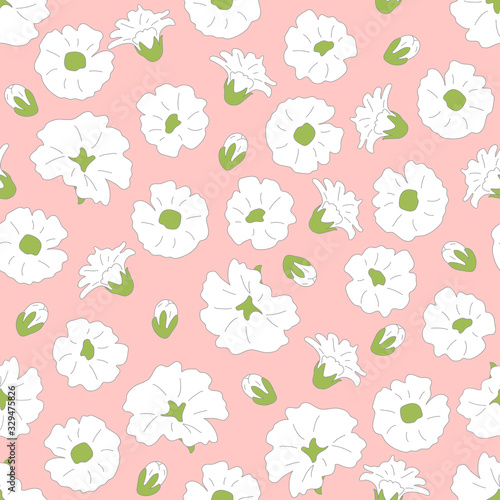 Hand drawn white flower seamless pattern background with buds. Doodle baby's breath, Gypsophila flower background. Great for wallpaper, textile, fabric, card, packaging, wedding. 