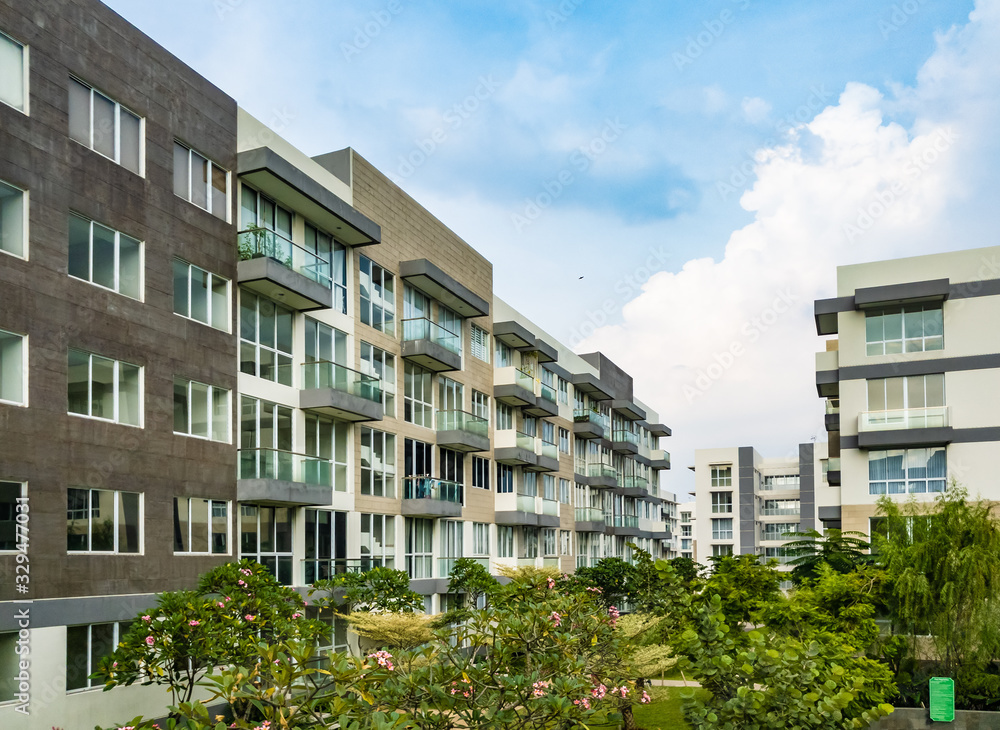 Tangerang, Indonesia - 30 March 2019: Rainbow Springs CondoVillas luxury apartment complex in Summarecon Serpong, Tangerang, Indonesia. It has high values of property investment and development.