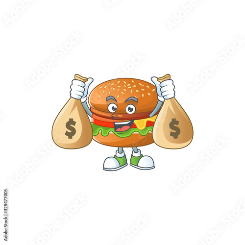Happy rich hamburger mascot design carries money bags