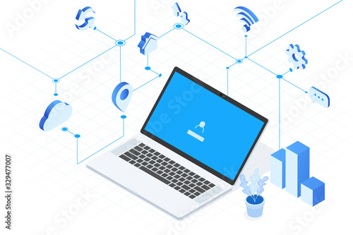 Computer axonometric drawing,Mobile Internet，online office and online learning concept