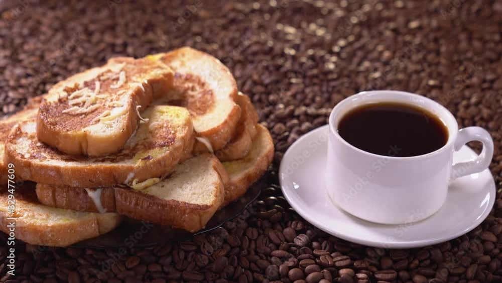 croutons sprinkled cheese, Cup of coffee beans. croutons sprinkled cheese, Cup of coffee beans.