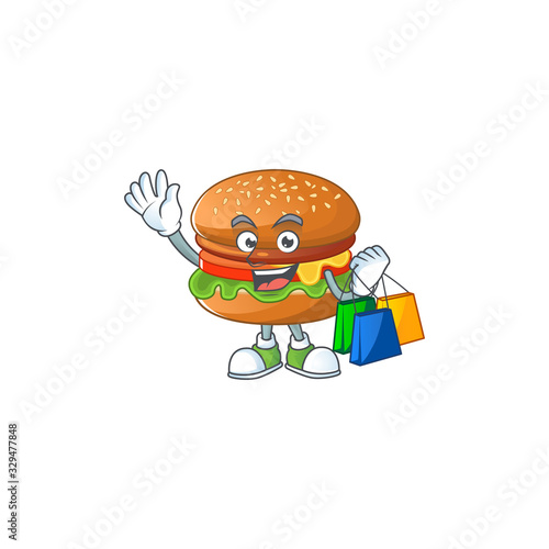 Smiley rich hamburger mascot design with Shopping bag