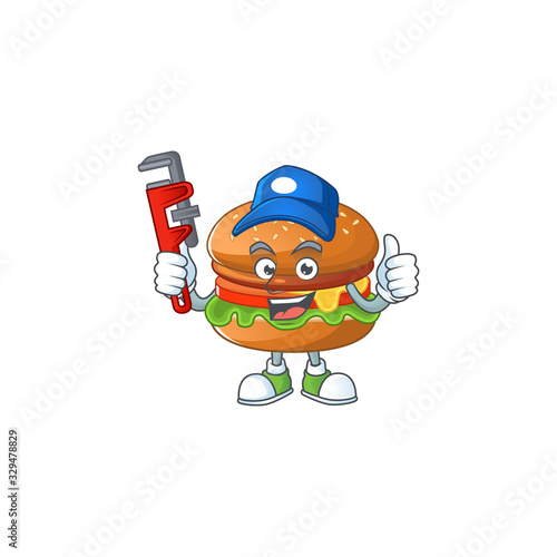 Smart Plumber worker of hamburger cartoon character design