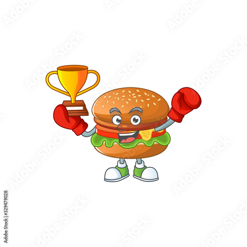 Happy face of boxing winner hamburger in mascot design style