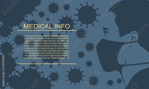 Abstract icon of man wearing a medical mask. Group of viruses on backdrop. Brochure or leaflet template