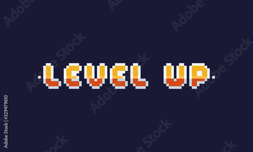 Pixel art gold level up text design.
