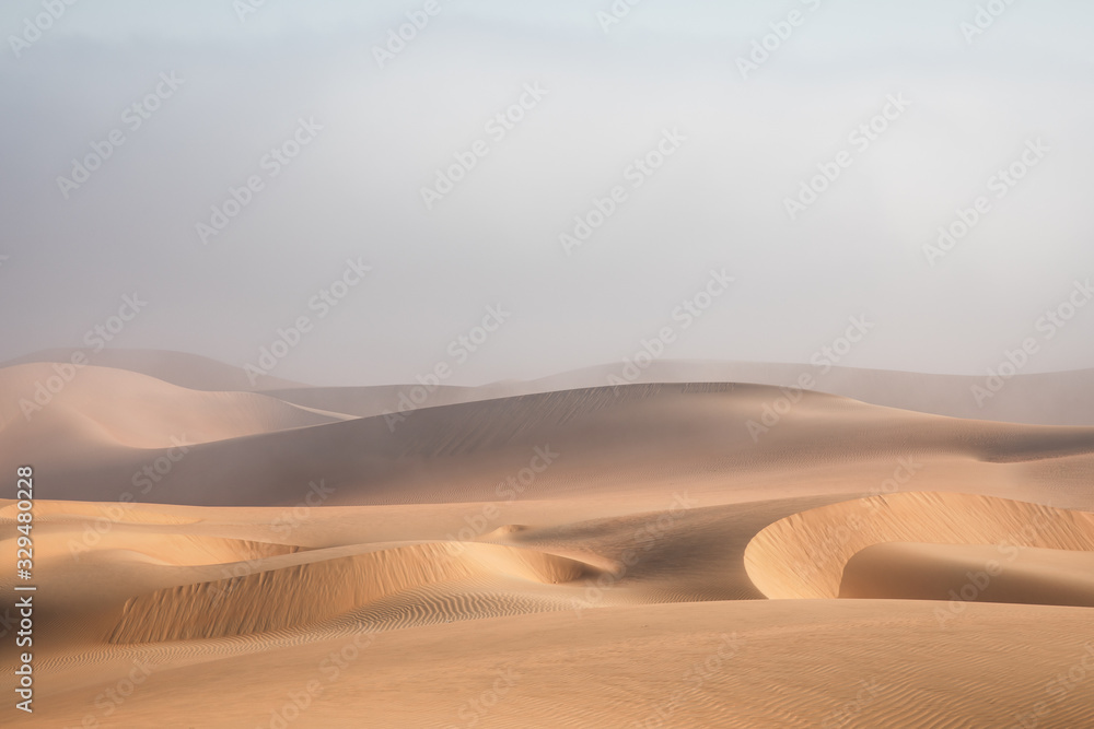 Massive sand dune emerging from a dense fog cloud. Liwa desert, Abu Dhabi, United Arab Emirates.