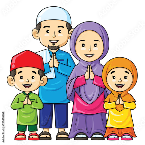 Illustration cartoon of cute happy muslim family.