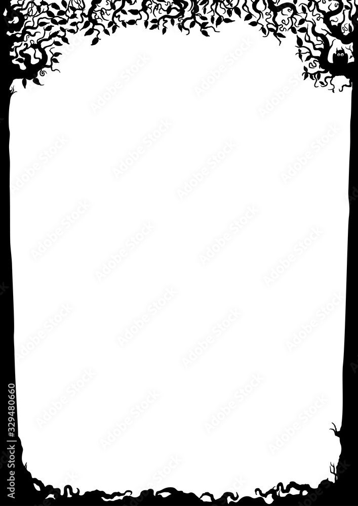 Trees frame with an owl/ Illustration vertical frame with silhouettes trees, branches, leaves, owl