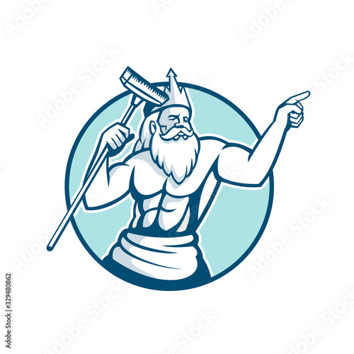Mascot icon illustration of Neptune, god of the sea in Roman mythology or Poseidon in Greek, holding a pool scrub or brush cleaner pointing set inside oval on isolated background in retro style.