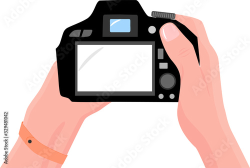 Hands with photo camera. First-person view. Copy space for your own pictures. Digital photo camera. Making photo for advertising, banner, poster, card.
