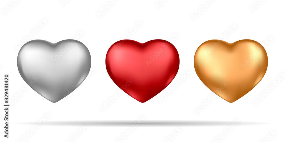 Set of realistic silver, red and gold 3d hearts isolated on white background.
