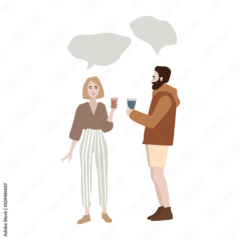 Friendly conversation of two people . Cartoon trendy male talking with hipster girl vector flat illustration. People hold coffee in their hands. Speech bubble isolated on white background. Friendly conversation of two people . Cartoon trendy male talking with hipster girl vector flat illustration. People hold coffee in their hands. Speech bubble isolated on white background.