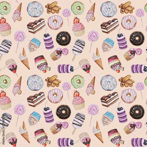  pattern. watercolor, sweets, cake, donuts, cupcakes. Watercolor illustration. delicate flowers. stationary, congratulations, wallpaper, fashion, background, packaging, DIY.