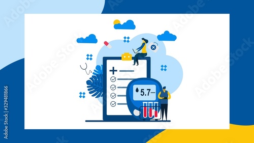 Landing page with blood glucose testing meter,diabetes and insulin production concept vector. Tiny People Character Concept Vector Illustration,