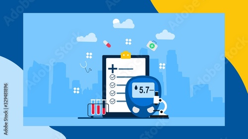 Landing page with blood glucose testing meter,diabetes and insulin production concept vector.