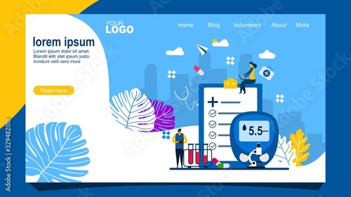 Landing page with blood glucose testing meter,diabetes and insulin production concept vector. Tiny People Character Concept Vector Illustration,