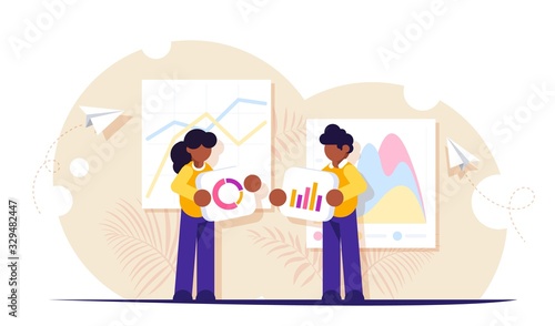 People build a dashboard and interact with graphs. Offer to choose the best way to display information. Data analysis, and office situations. Modern flat vector illustration.