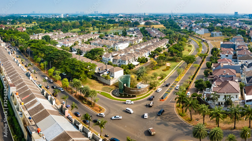 Tangerang, Indonesia - 6th Sep 2019: Aerial or bird eye view of Pondok Hijau Golf cluster in Gading Serpong, Tangerang It is a luxury residential area. with high property development and investment.
