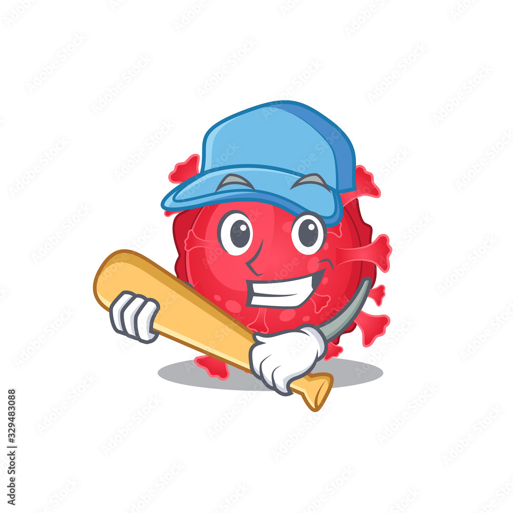 Mascot design style of coronavirus substance with baseball stick