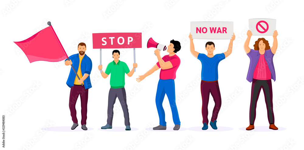 Obraz premium Protesters holding posters, placards, banners, flags. Protesting group people with placards and signboard, calls to fight. Activist speech with through megaphone. Cartoon vector