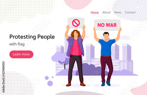 Group Protesting people man woman with placards prohibition sign, no war. Holding placards on strike or demonstration, take part in rally, political meeting against war landing page vector