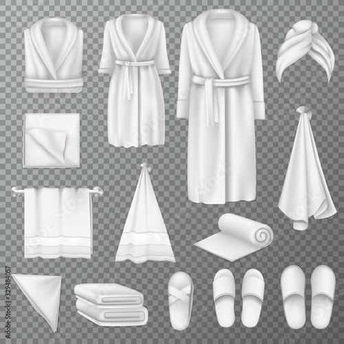 Blank bathrobe fluffy towel, slippers, cloths empty template mock-up.