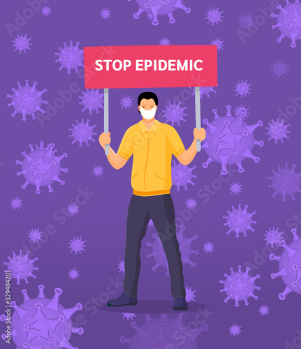 People man in medical masks with placards with stop epidemic. Coronavirus in China. New Wuhan coronavirus 2019-nCoV covid-19. Concept of quarantine chinese virus coronavirus epidemic vector