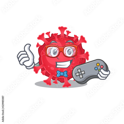Cool gamer of coronavirus substance mascot design style with controller