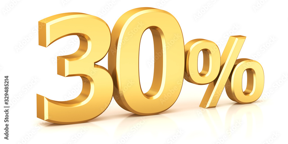3d render illustration. Golden thirty percent on a white background.