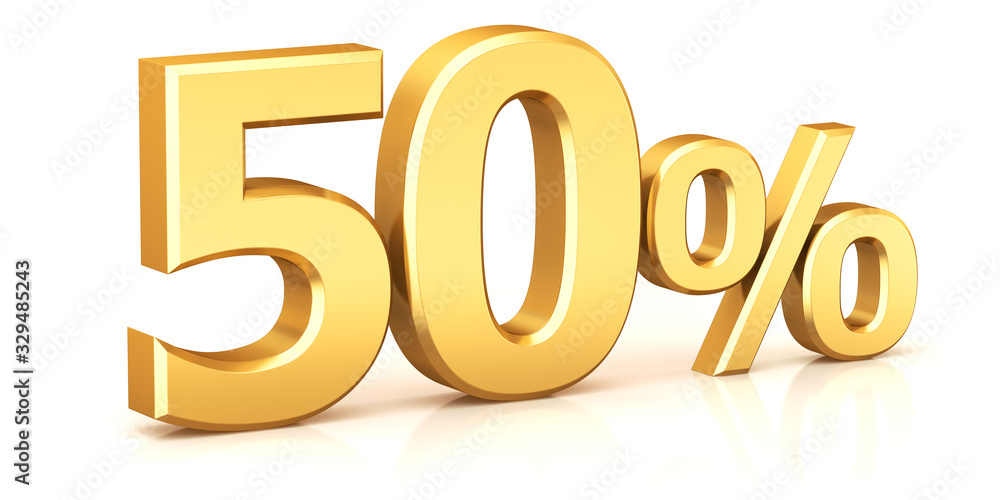 3d render illustration. Golden fifty percent on a white background. 3d render illustration. Golden fifty percent on a white background.