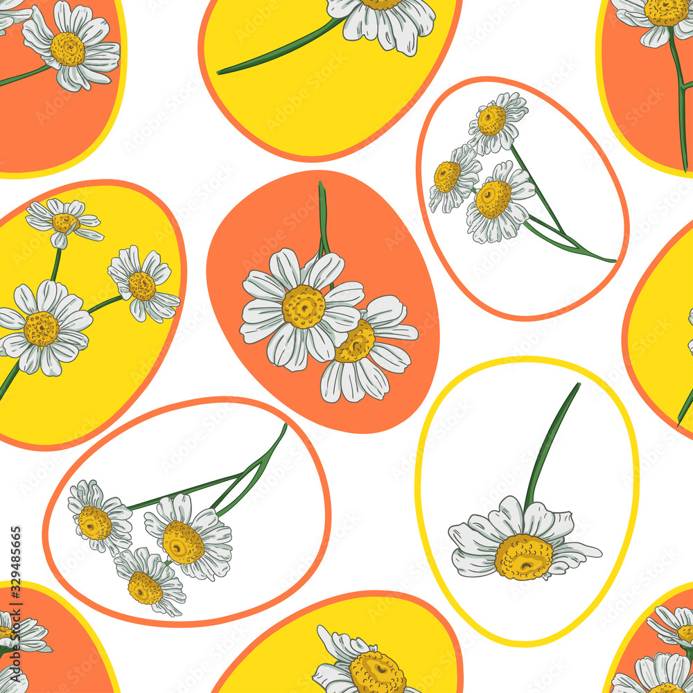 Pattern of easter eggs with daisies on a white background