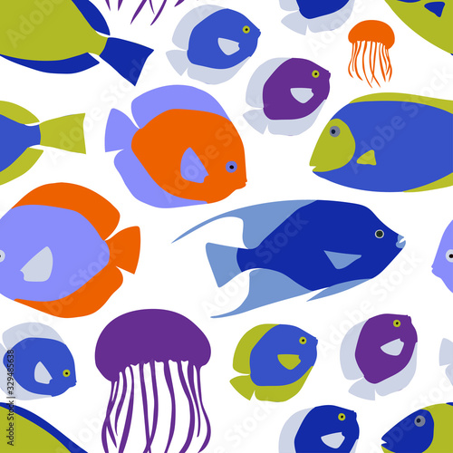 Pattern of colorful sea fish and jellyfish