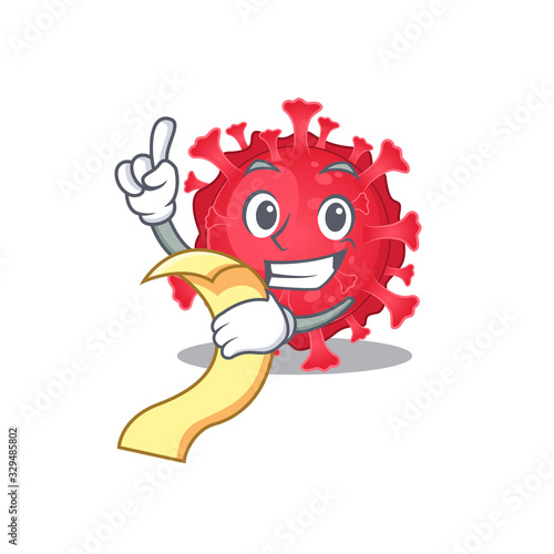 cartoon character of coronavirus substance holding menu ready to serve