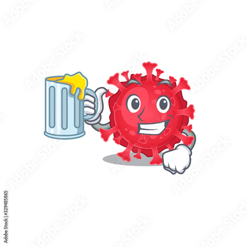 Cheerful coronavirus substance mascot design with a glass of beer