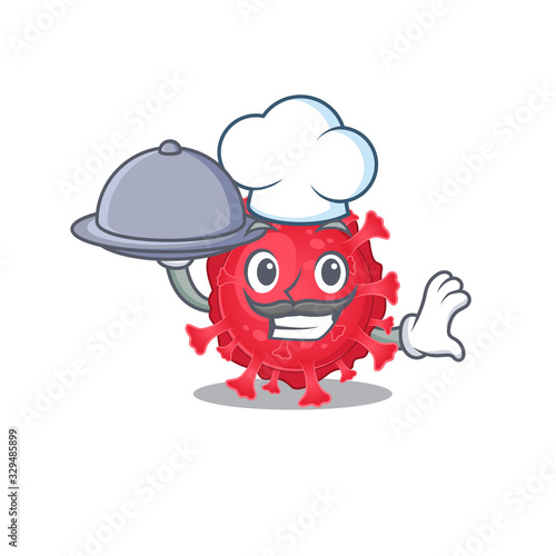 Coronavirus substance as a chef cartoon character with food on tray