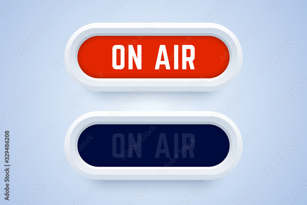 On air button, sign, label in 3d style. Switched on and switched off buttons. Vector illustration for radio, live stream, and others. On air button, sign, label in 3d style. Switched on and switched off buttons. Vector illustration for radio, live stream, and others.